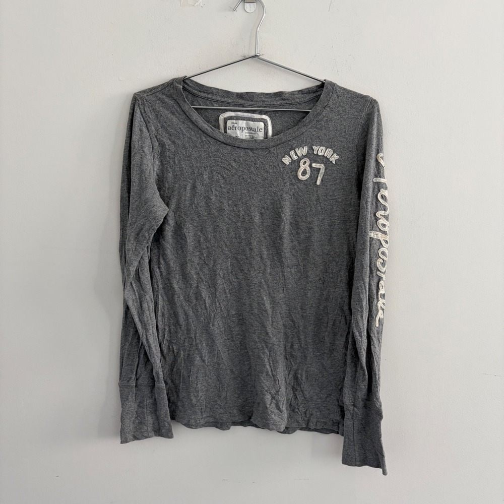 Aeropostale Womens XL Gray Long Sleeve New York 87 Graphic T-Shirt